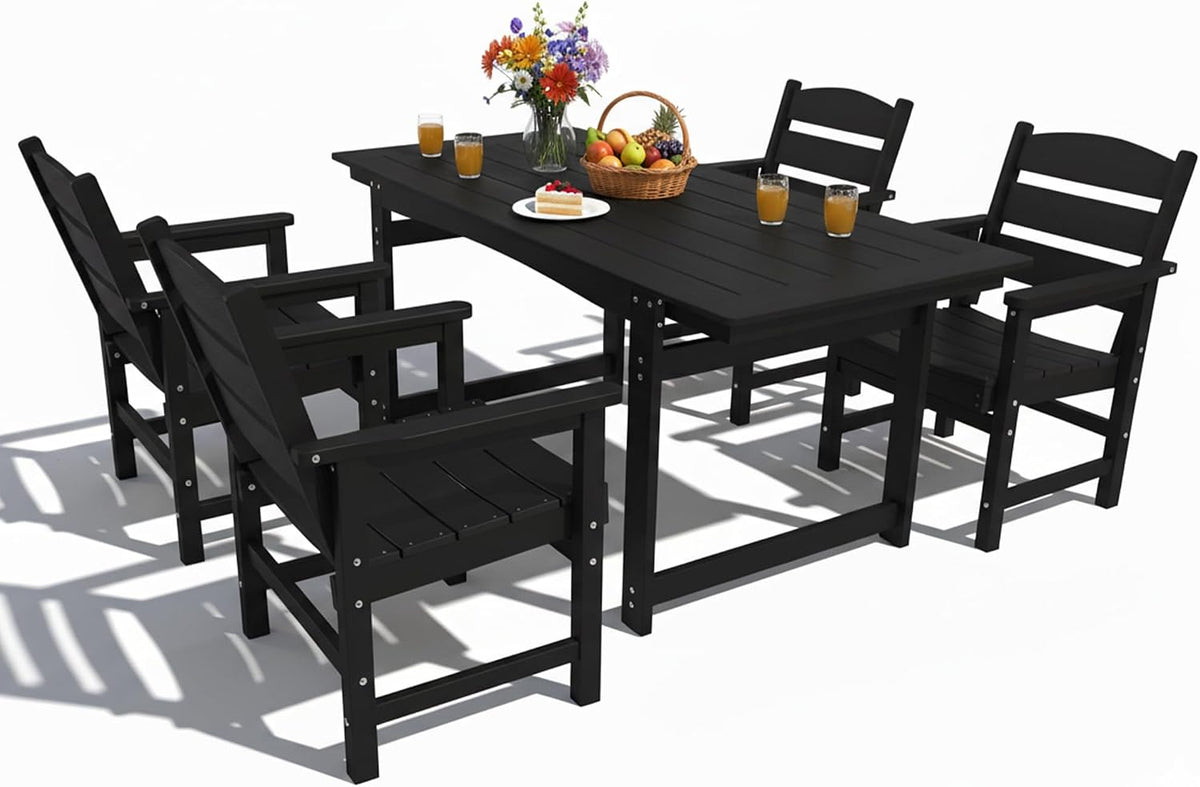 5-Piece HIPS Patio Dining Set, Outdoor Dining Table and Chairs Set with Umbrella Hole, Weatherproof Dining Table Set for 4 Person, Patio Furniture Set for Outside Deck, Black