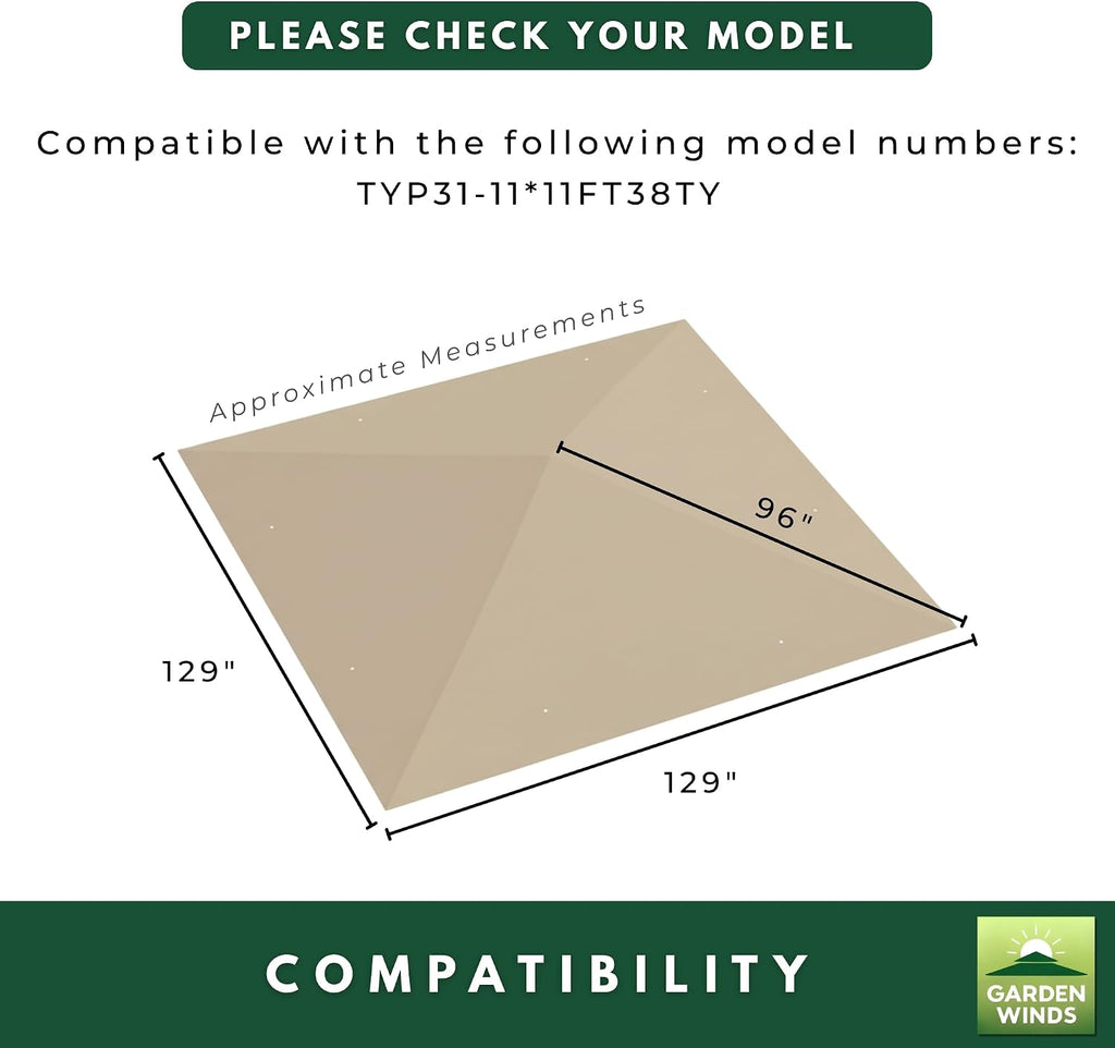 Garden Winds Reinforced RipLock 350 Replacement Canopy Top Cover Compatible with MasterCanopy, AbcCanopy, Cooshade 10' x 10' Single Tiered Gazebo Model TYP31-11 * 11FT38TY - Beige
