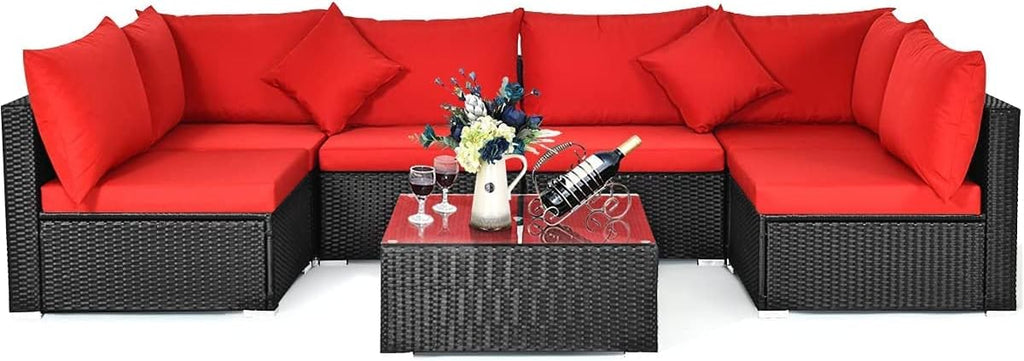 HAPPYGRILL 7pcs Patio Furniture Set Outdoor Rattan Wicker Sectional Sofa Set with Cushions & Pillows & Coffee Table for Garden Lawn