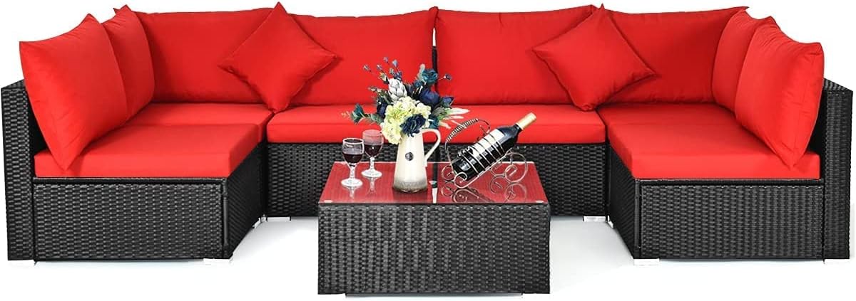 HAPPYGRILL 7pcs Patio Furniture Set Outdoor Rattan Wicker Sectional Sofa Set with Cushions & Pillows & Coffee Table for Garden Lawn