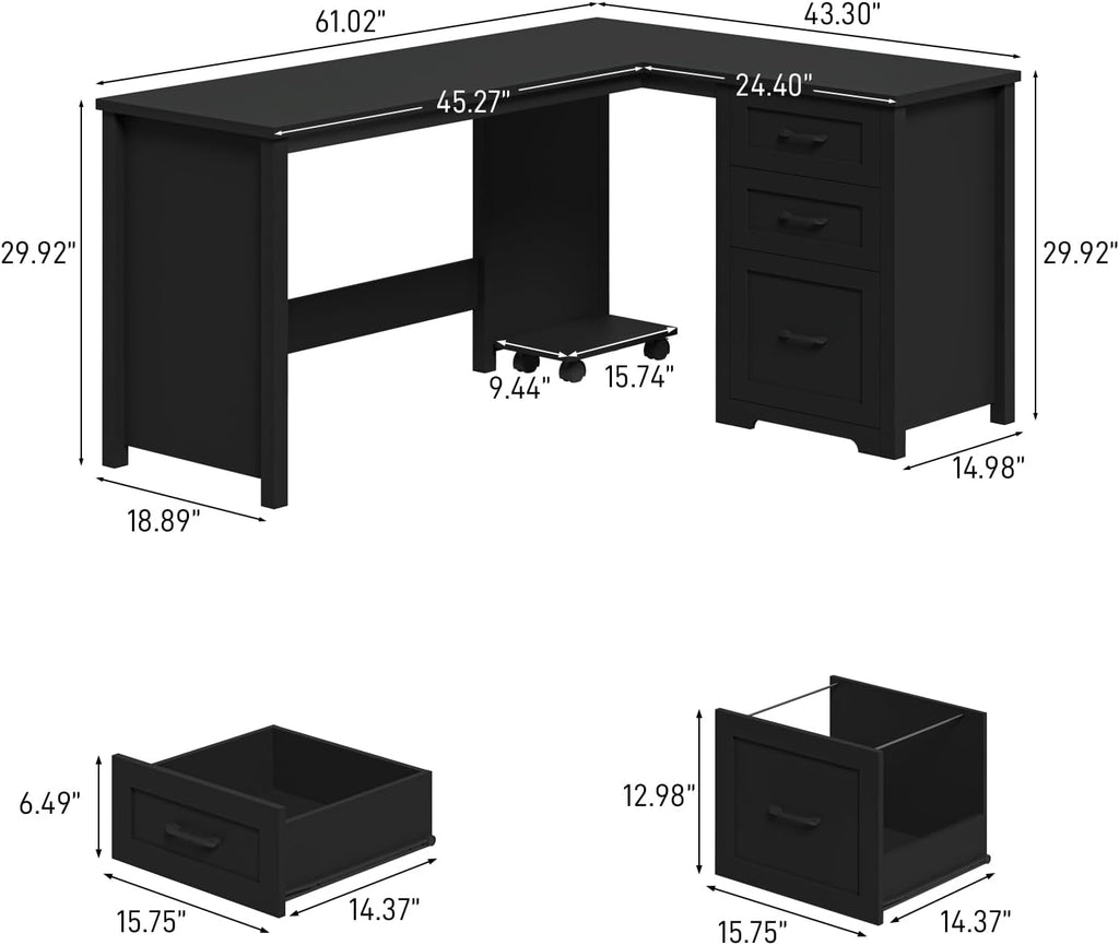 Vabches 61'Farmhouse L Shaped Executive Desk with File Drawers, Corner Computer Desk with Mobile CPU Stand, Wood Writing Computer Desk for Work, Study.Pure Black