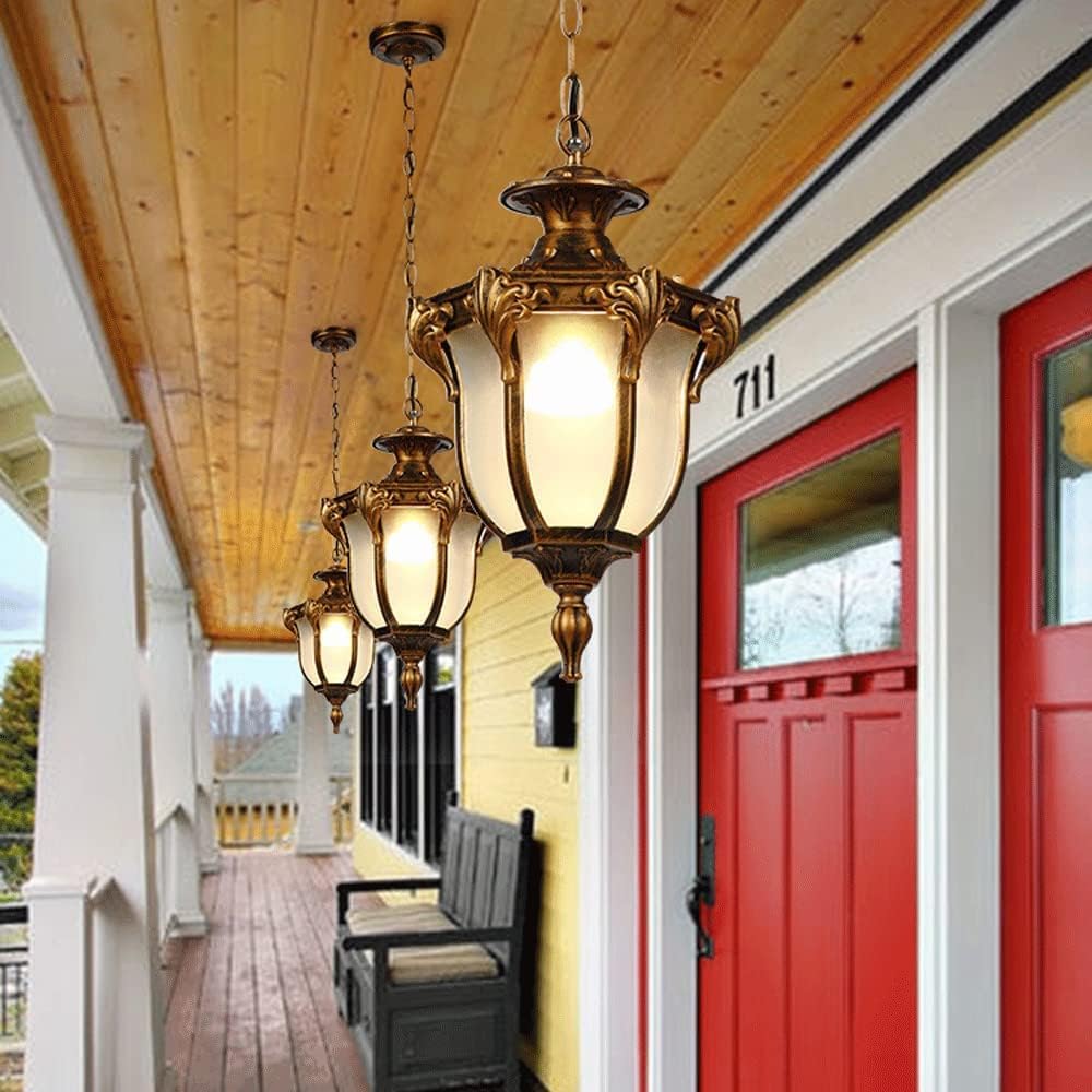 Outdoor Aluminum Hanging Lantern, Waterproof Glass Chandelier, Corridor Courtyard Decoration Ceiling Lamp Aisle Villa Garden Pavilion Grape Frame Light/Brass/24 * 41.5Cm-Brass-18.5 * 31.5Cm