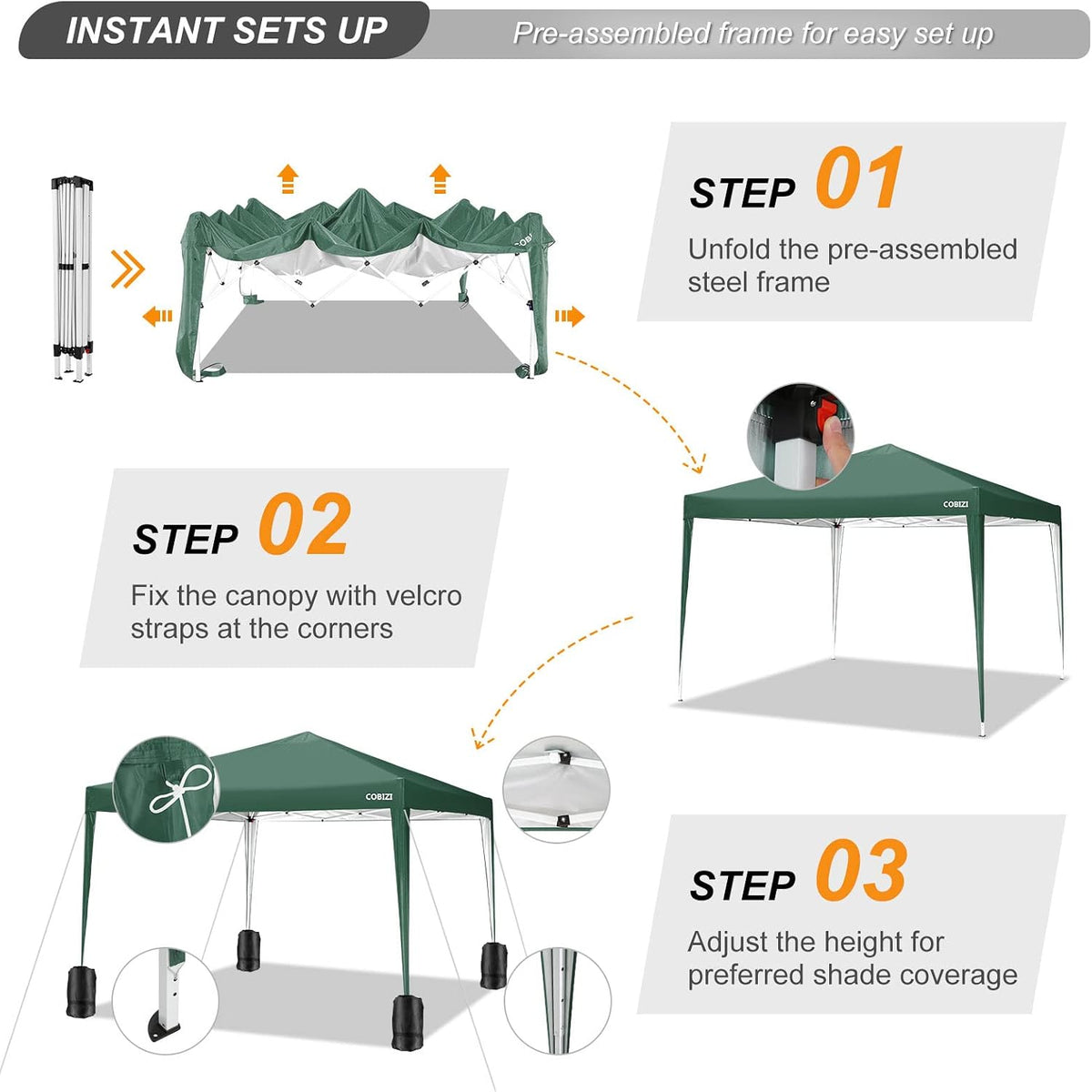 COBIZI 10x10 Pop Up Canopy Tent with 4 Sandbags, Easy Set Up Gazebo, Instant Outdoor Sun Shade &Waterproof Canopy with 8 Stakes,4 Ropes&Carry Bag, Tents for Parties, Beach, Backyard,Camping(Green