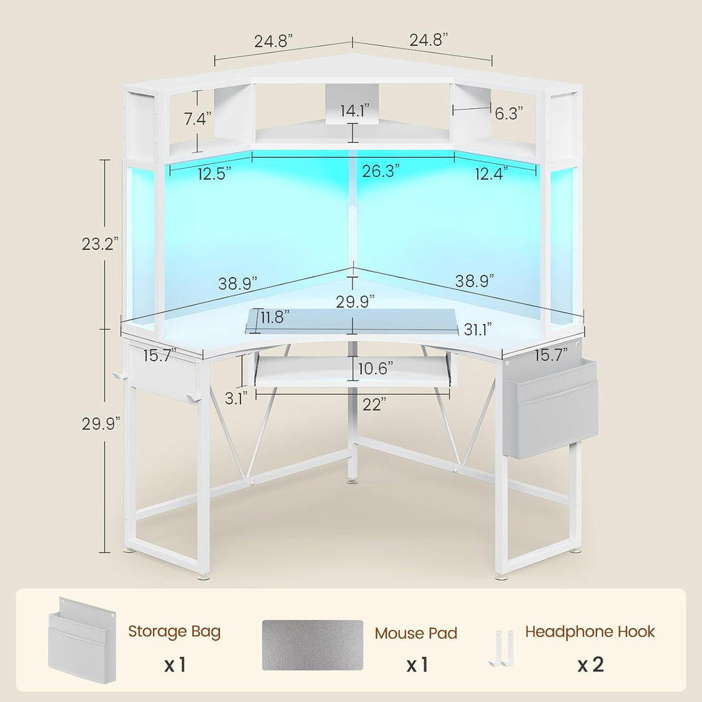 SEDETA Corner Desk, 39' W x 62' H Small Office Desk with Hutch & LED Lights, Triangle Gaming Computer Desk with Keyboard Tray, Storage Bag, and Headphone Hook for Small Space, White