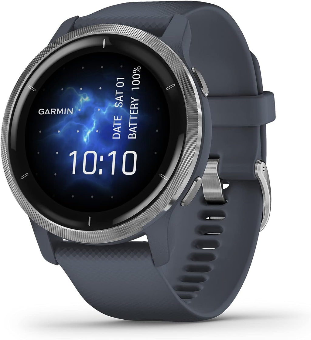 Garmin 010-02430-00 Venu 2, GPS Smartwatch, Advanced Health Monitoring, Fitness Features, Silver Bezel with GraniteBlue Case and Silicone Band