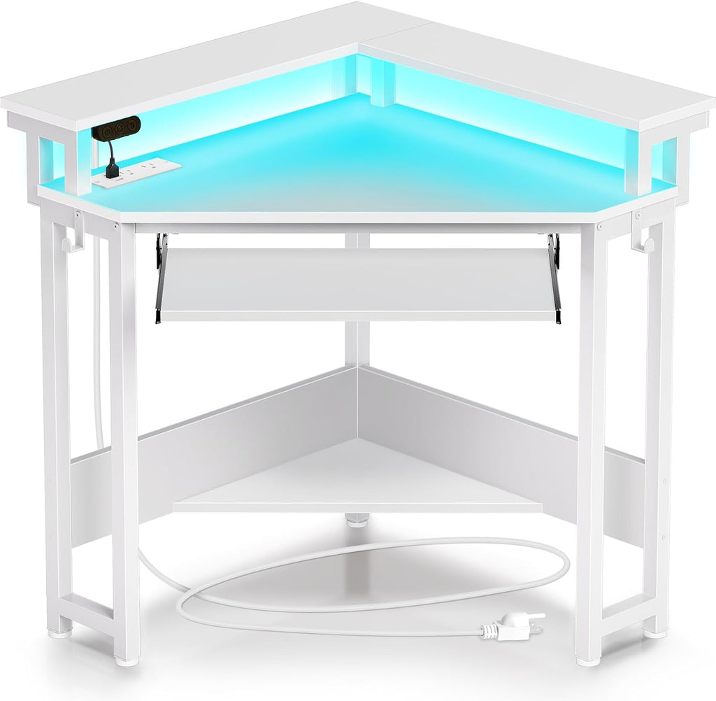 Rolanstar Corner Desk, 44.5' W x 34.5' H Small Computer Desk with Power Outlets, Gaming Desks with LED Lights, Triangle Corner Table with Keyboard Tray & Monitor Stand for Small Space, White