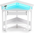 Rolanstar Corner Desk, 44.5' W x 34.5' H Small Computer Desk with Power Outlets, Gaming Desks with LED Lights, Triangle Corner Table with Keyboard Tray & Monitor Stand for Small Space, White
