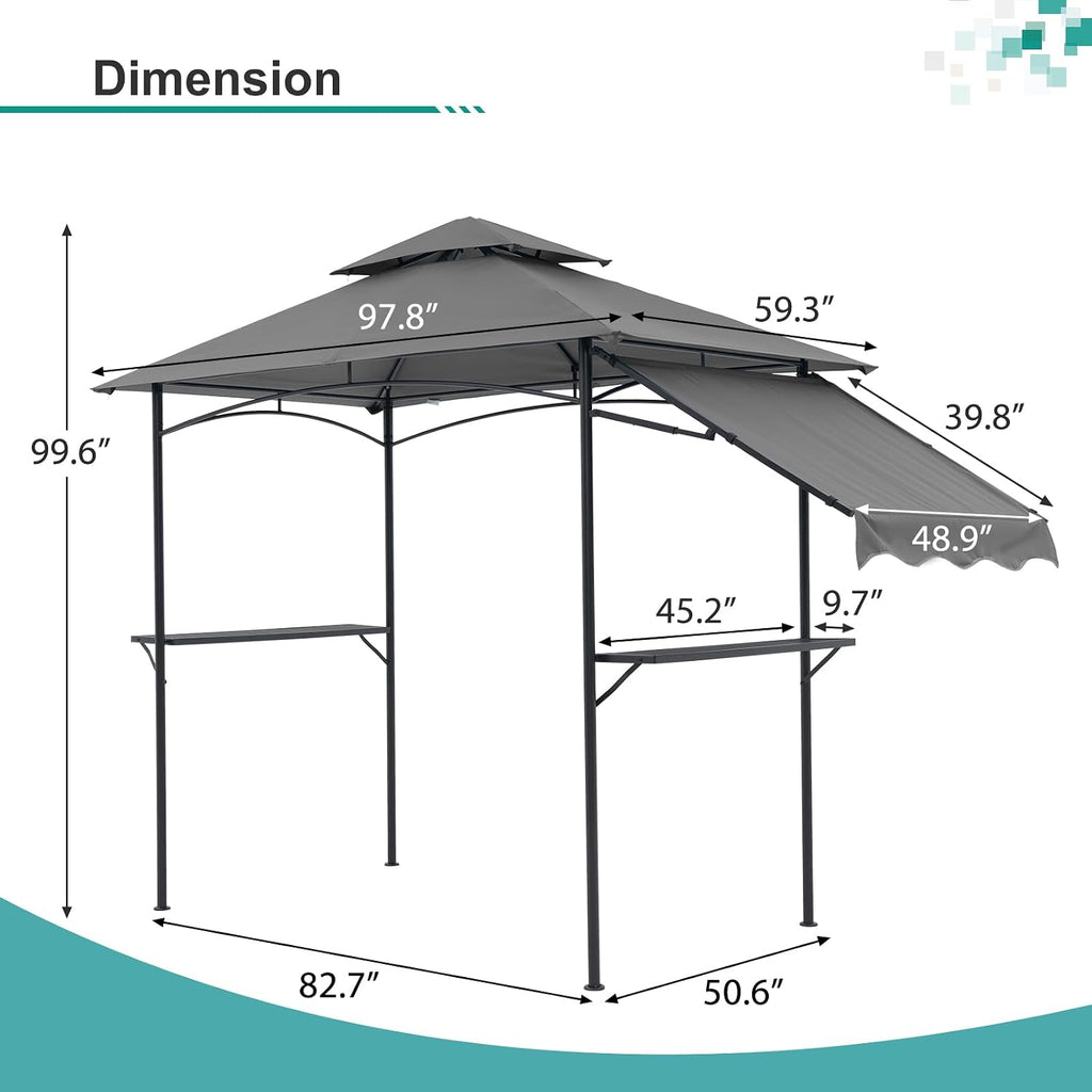 COBANA Grill Gazebo 8'x 5' Outdoor Patio Backyard BBQ Grill Shelter with Side Awning, Double Tiered Soft Canopy Top with Steel Frame and Bar Counters, Gray