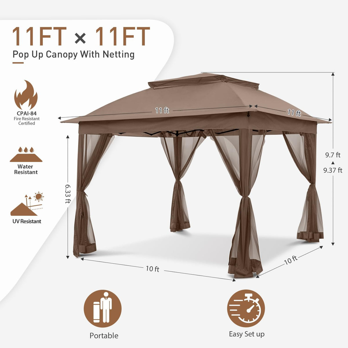 COOS BAY 11x11 Pop Up Gazebo with Mesh Netting, Instant Outdoor Canopy Tent, Water Resistant Shelter with UPF 50+ UV Protection, 121 Sq Ft Coverage, Brown