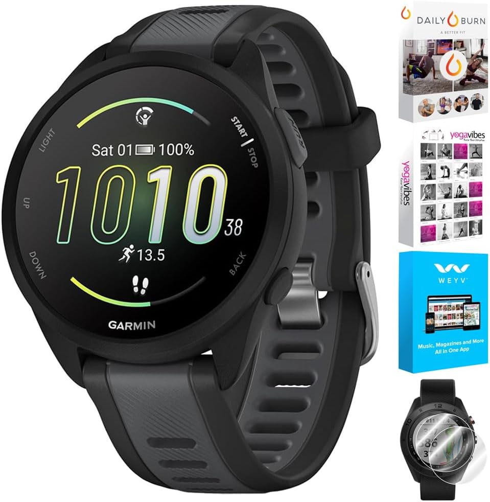 Garmin 010-02863-20 Forerunner 165 Smart Sport Watch, Black + Slate Gray | Official USA Partner Model | Bundle with Deco Essentials 2-Pack Screen Protector and Tech Smart USA Fitness & Wellness Suite