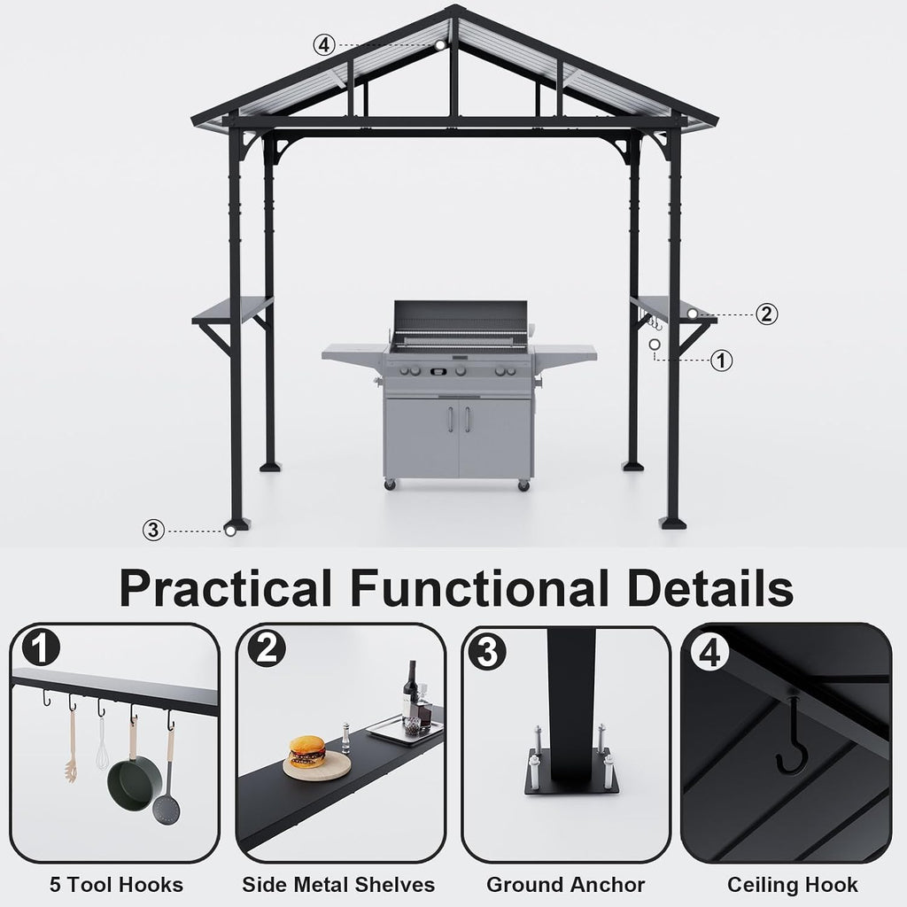 ALAULM 8'x 5' Hardtop Grill Gazebo, Outdoor BBQ Gazebo Metal Roof Canopy with 2 Metal Side Shelves & 5 Tool Hooks for Patio, Garden, Backyard, Poolside (Dark)