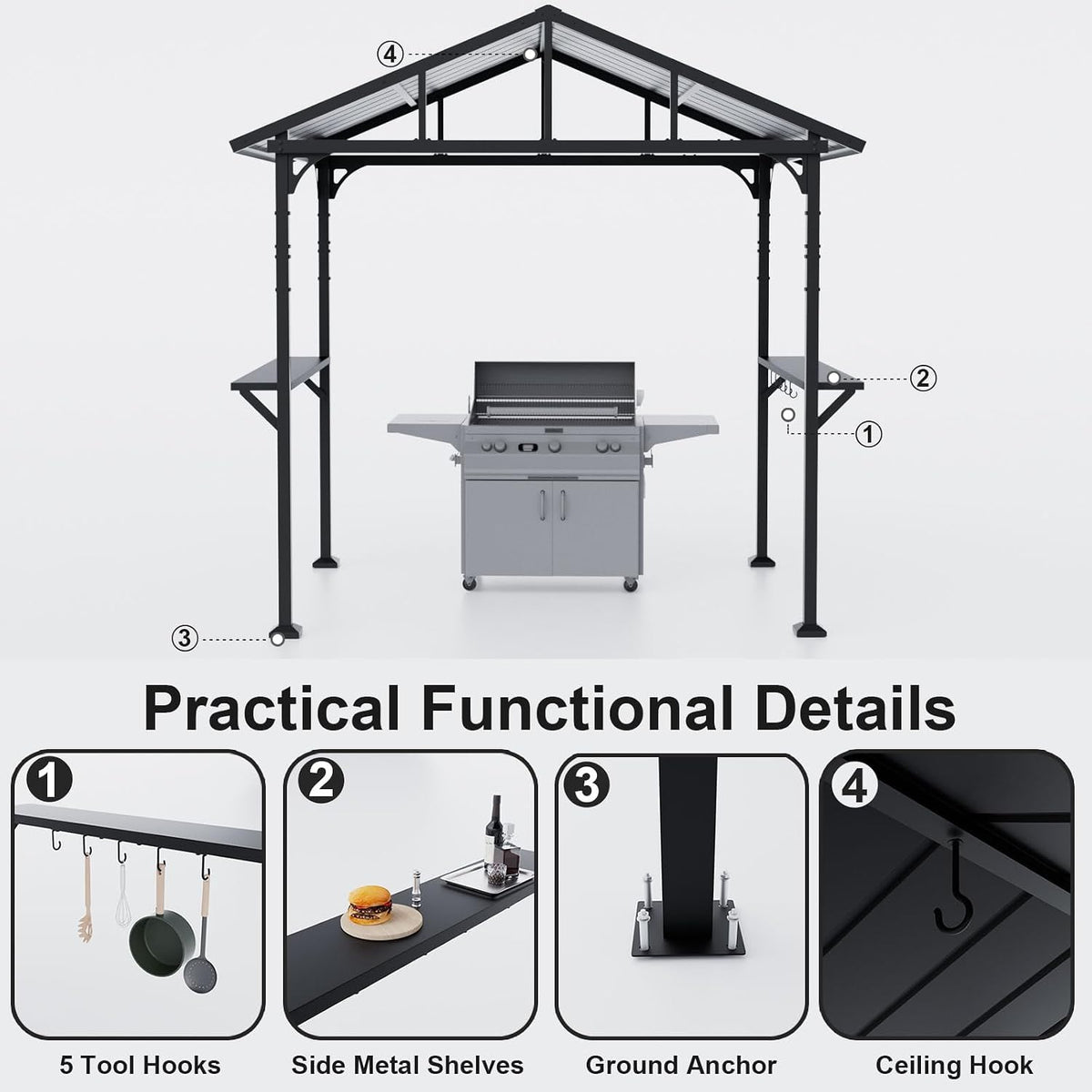 ALAULM 8'x 5' Hardtop Grill Gazebo, Outdoor BBQ Gazebo Metal Roof Canopy with 2 Metal Side Shelves & 5 Tool Hooks for Patio, Garden, Backyard, Poolside (Dark)