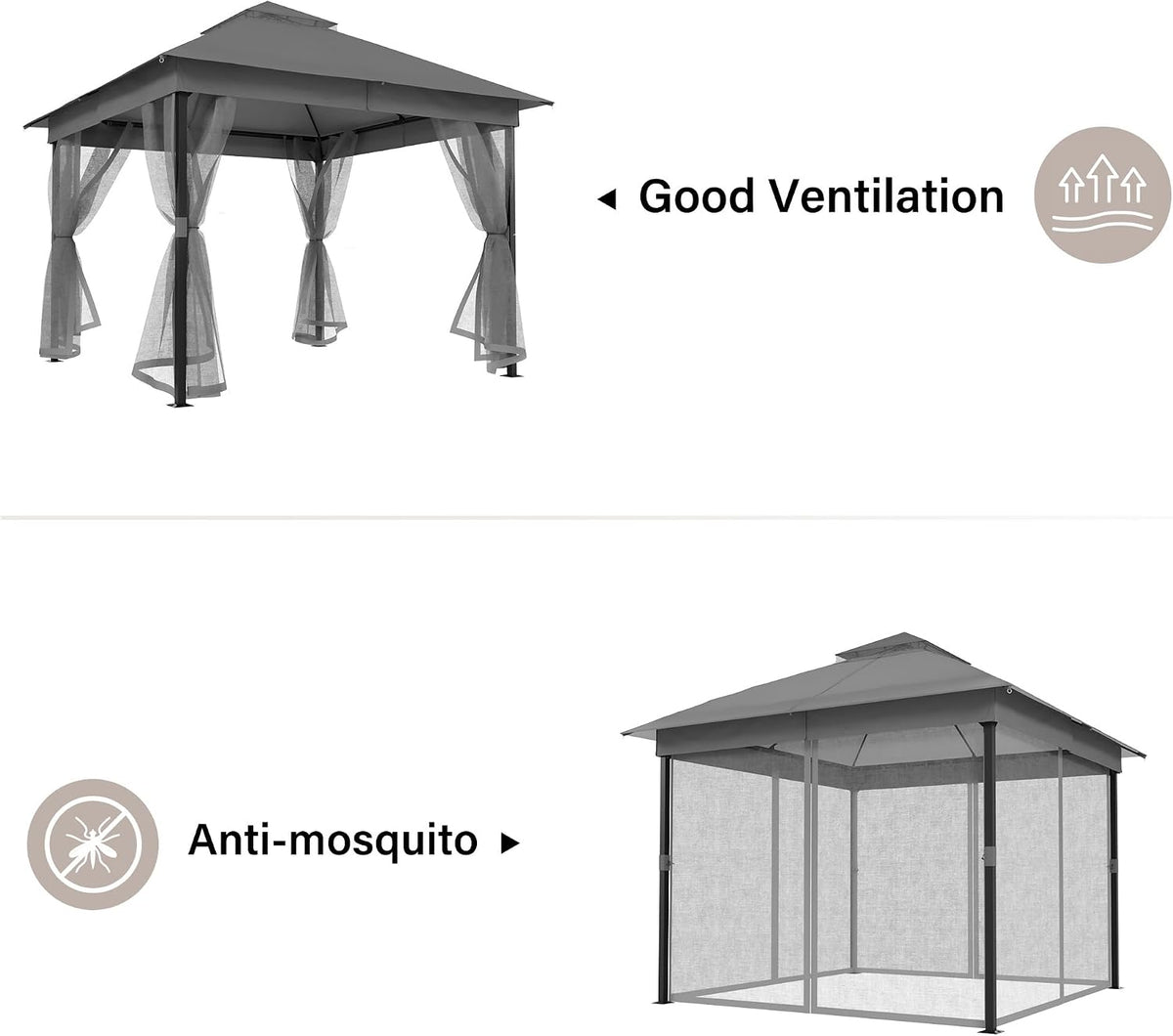 LAUSAINT HOME Patio Gazebo 10'x10', Outdoor Heavy Duty Party Tent Shelter with Double Roofs, Mosquito Nettings for Backyard, Garden, Lawn, Gray