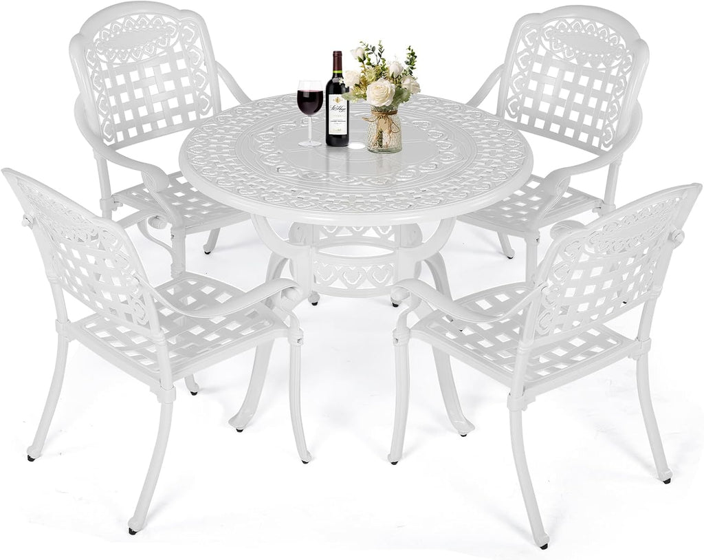 VIVIJASON 5-Piece Patio Furniture Dining Set, All-Weather Cast Aluminum Outdoor Conversation Set, Include 4 Chairs and 1 Round Table w/Umbrella Hole for Balcony, Lawn, Garden, Backyard, White