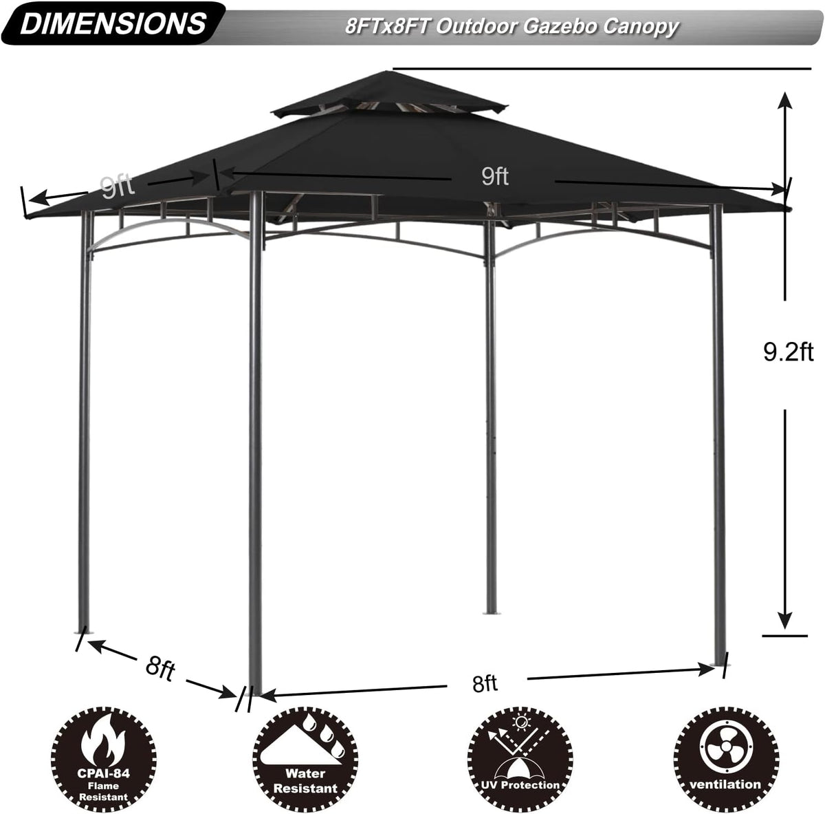 ABCCANOPY Gazebos for Patios 8x8 - Outdoor Steel Frame Gazebo for Lawn Backyard Garden Deck (Black)