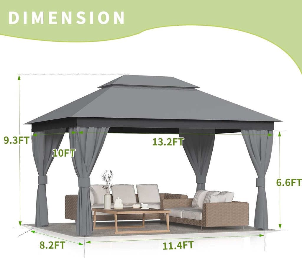10'X13' Outdoor Patio Gazebo - Double Roofs Party Tent Gazebos with Mosquito Net and Privacy Screens Heavy Duty Steel for Backyard, Garden, Deck - Grey