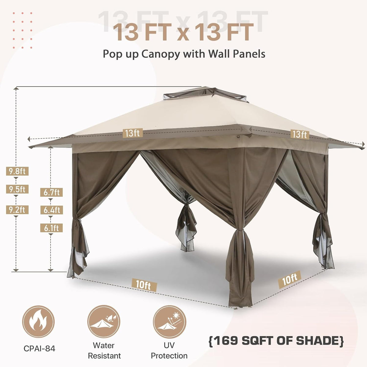 EAGLE PEAK 13x13 Pop Up Gazebo with 4 Wall Panels, Easy Up Canopy for Patio and Backyard, Easy Set up Outdoor Gazebo (Beige/Brown)