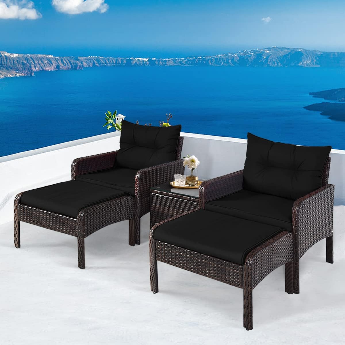 HAPPYGRILL 5 Pieces Patio Furniture Set Outdoor Rattan Wicker Conversation Set with Coffee Table Cushioned Sofas and Ottoman Chat Set for Garden Backyard