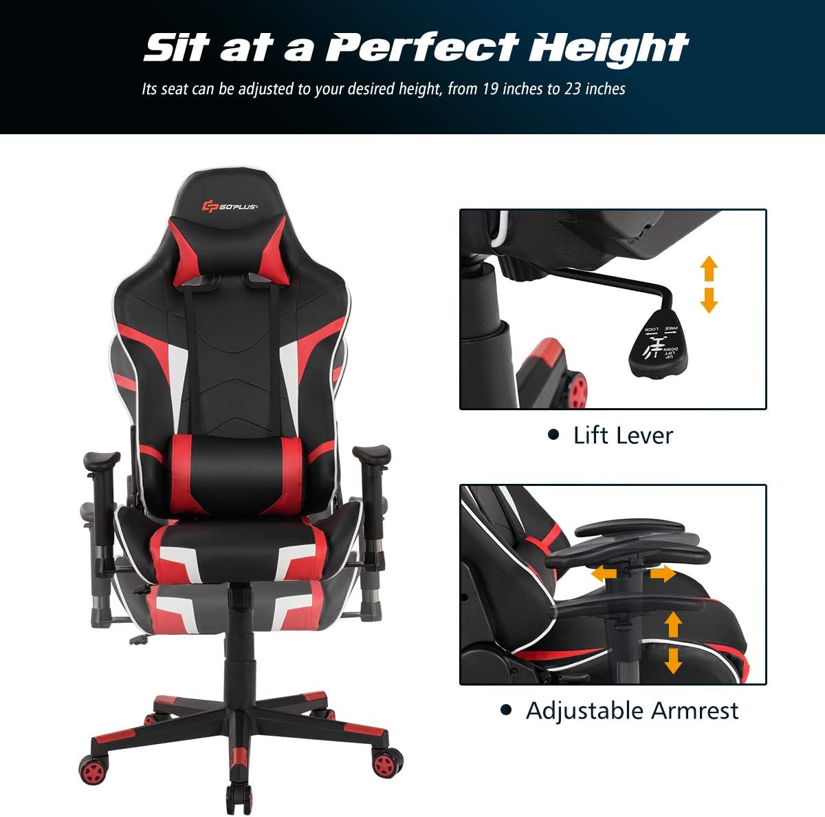 Goplus Gaming Desk & Chair Combo Set, Racing Style Home Office Chair & Desk w/Cup Holder, Headphone Hook & Mouse Pad,Ergonomic E-Sport Computer Desk Chair Furniture w/Massage Lumbar Support(Red)