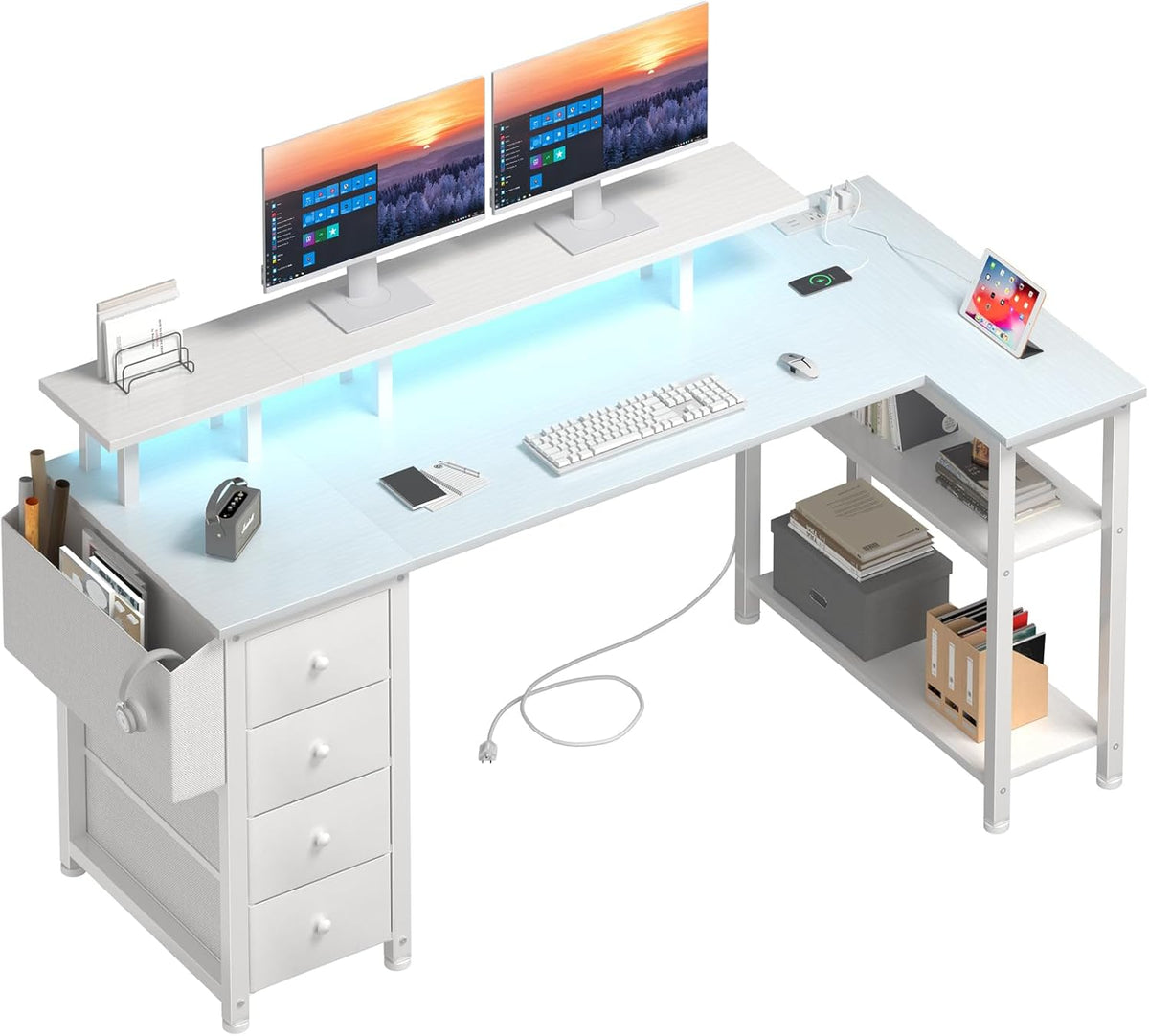 Lufeiya White L Shaped Computer Desk with Fabric Drawers, 55 Inch Corner Home Office Desk with Monitor Stand Shelves, Writing Study Gaming Desks with Led Lights and Power Outlets for Bedroom, White