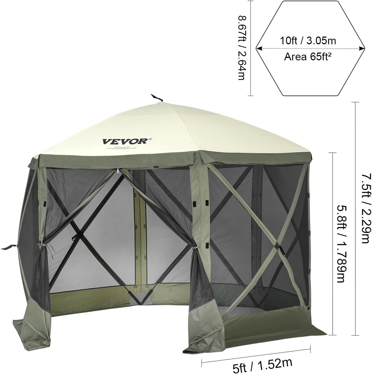 VEVOR 10x10FT Pop Up Gazebo Tent with Mosquito Netting, 6 Removable Wind Panels & Mesh Windows, 6-Sided Screen Canopy for Patio, Army Green
