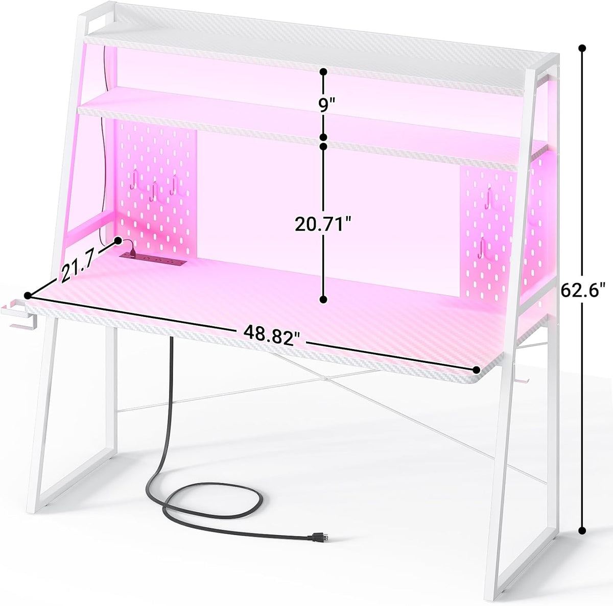 Besiost Gaming Desk with Hutch and LED Lights, Gaming Computer Desk with Power Outlets, Gamer Desk with Storage Shelves, PC Game Desk with Pegboards for Bedroom, Carbon Fiber White, 49'