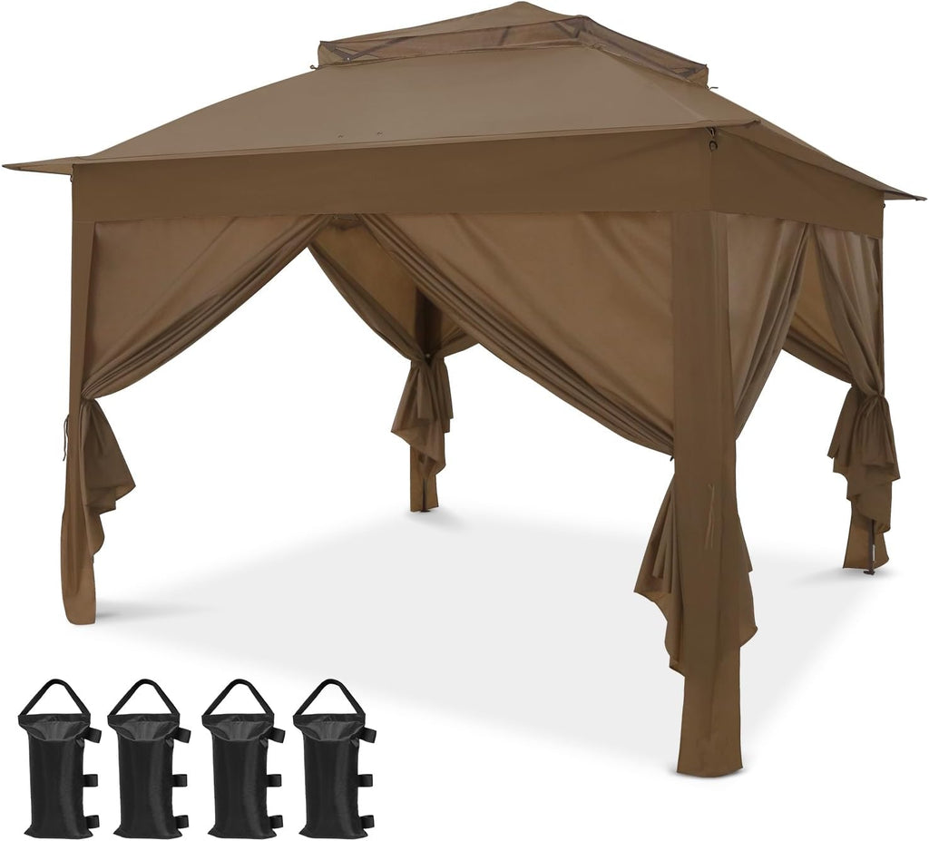 COOS BAY 11x11 Pop Up Gazebo with 4 Sidewalls, Instant Outdoor Canopy Tent with UPF 50+ UV Protection, Water Resistant Shelter with Carry Bag, Stakes & Ropes, Brown