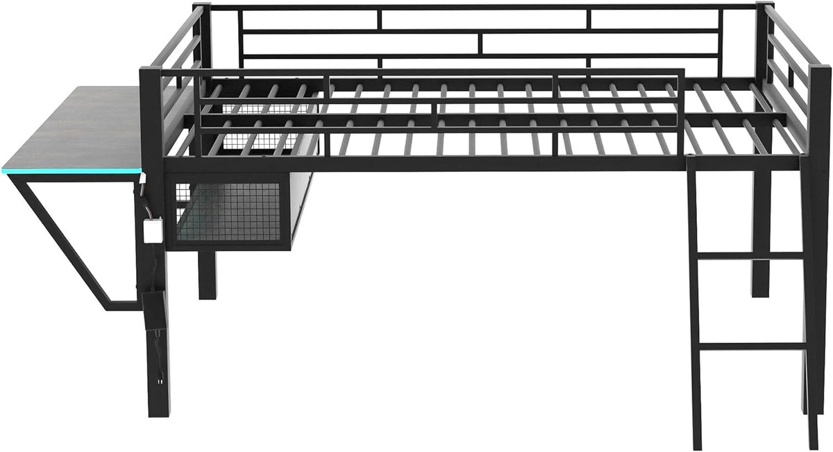 Bellemave Full Loft Bed with Desk, Gaming mid loft Bed with Desk, LED for Adults, Teens, Kids, Black