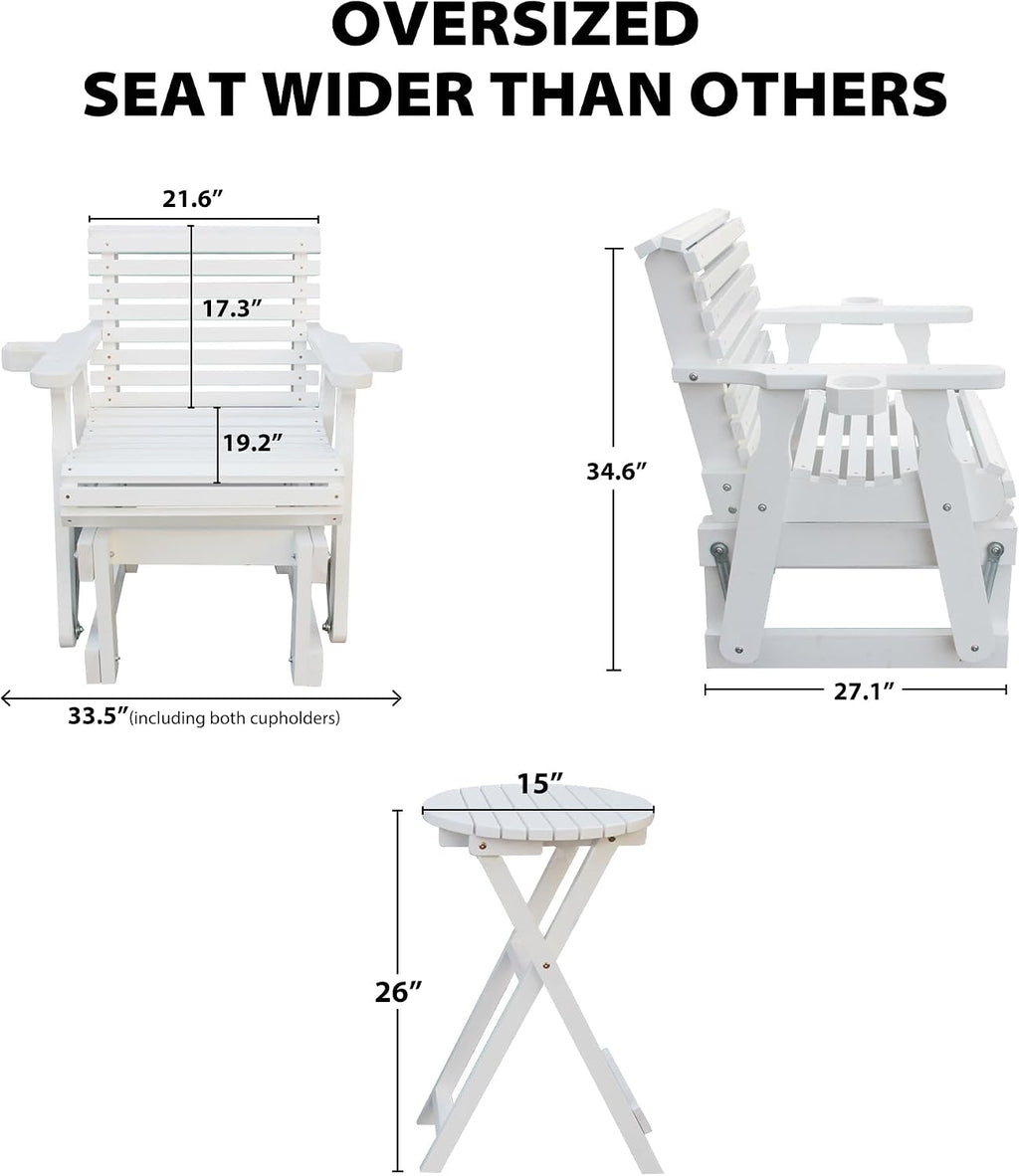 Outdoor Glider Chair,2-Seater Wooden Glider Patio Furniture Set with Table, Cupholder, High Back and Deep Contoured Seater, for Porch, Patio and Balcony, White