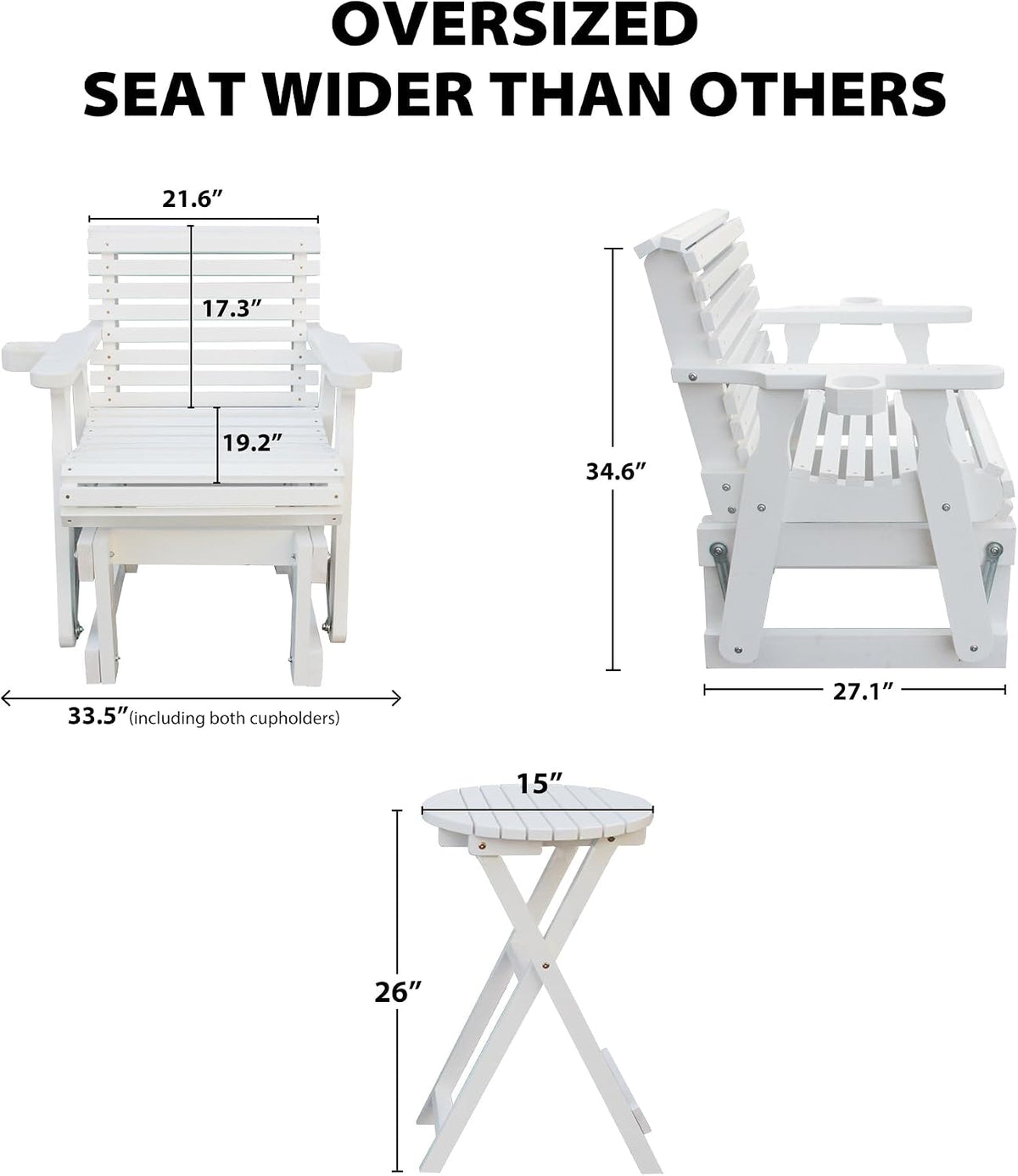 Outdoor Glider Chair,2-Seater Wooden Glider Patio Furniture Set with Table, Cupholder, High Back and Deep Contoured Seater, for Porch, Patio and Balcony, White