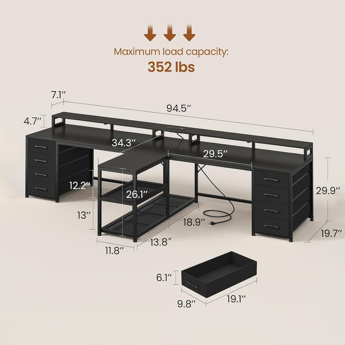 SEDETA 94.5' 2 Person Gaming Desk, Long Office Computer Desk with 8 Drawers & LED Light, Two Person Desk with Storage, Power Strip & Monitor Shelf for Home Office, Black