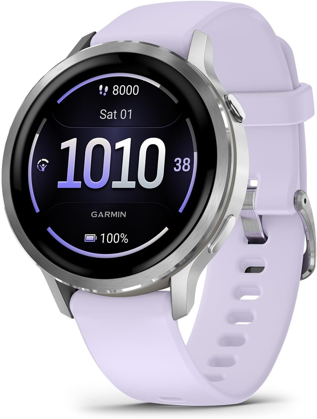 Garmin Venu 4 (41mm) GPS Smartwatch Silver with Periwinkle Silicone Band Bundle w/Deco Essentials Charging Dock, 3-Pack Dust Covers & 2-Pack 1.2' Screen Protectors