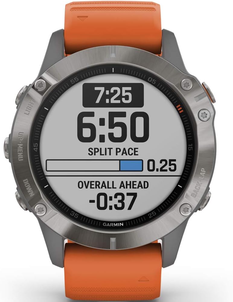 Garmin Fenix 6 Sapphire, Premium Multisport GPS Watch, Features Mapping, Music, Grade-Adjusted Pace Guidance and Pulse Ox Sensors, Titanium with Orange Band
