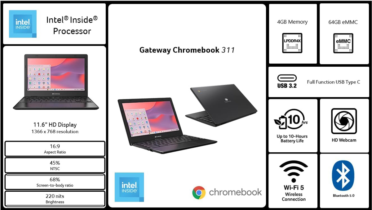 acer Gateway Chromebook 311 CBO311-1H-C1MX Laptop | Intel Celeron N4500 | 11.6' HD (1366 x 768) Display | 4GB LPDDR4X | 64GB eMMC | Wi-Fi 5 802.11ac | Chrome OS | Star Black