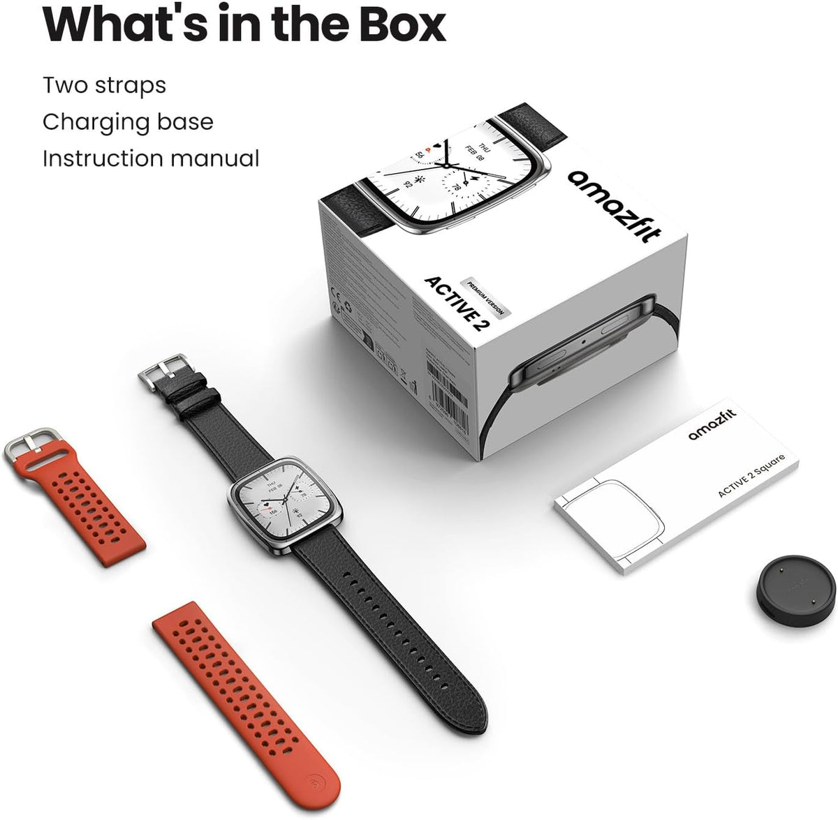 Amazfit Active 2 Premium Smart Watch Fitness Tracker (Square) for Android & iPhone, 10 Day Battery, Water Resistant, GPS Maps, Heart & Sleep Monitor, HYROX Mode, Sapphire Glass, Leather + Sport Strap