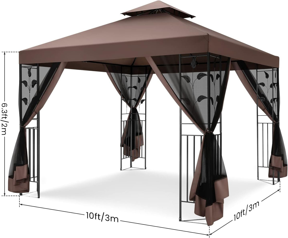 COBIZI Gazebo 10x10 Heavy Duty Gazebo with Improved Nettings Outdoor Gazebo Canopy Double Roof Patio Gazebo with Metal Steel Frame Gazebo Tent for Patio, Deck, Backyard (Brown, Nettings, New Model)