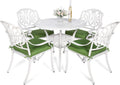 VIVIJASON 5-Piece Patio Furniture Dining Set, All-Weather White Cast Aluminum Outdoor Conversation Set, Include 4 Cushioned Chairs and a 35.4' Round Table w/Umbrella Hole for Balcony Lawn Garden
