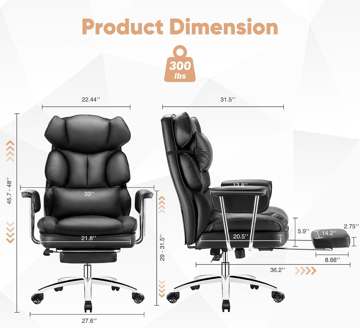 Sweetcrispy Executive Home Office Desk Chair - Ergonomic Big Tall High Back with Footrest & Lumbar Support, Reclining Height Adjustable, Comfy PU Leather Computer Gaming with Swivel Wheels, Black