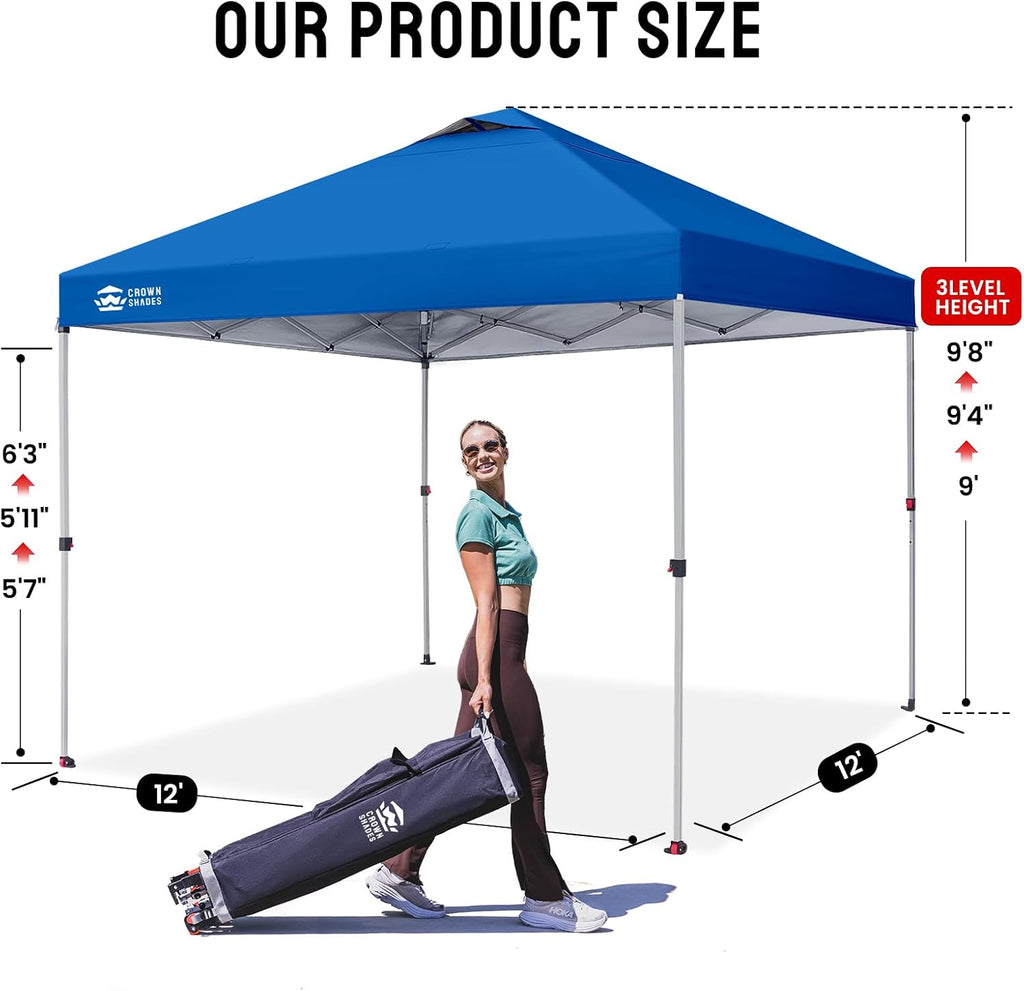 CROWN SHADES 12x12 Pop Up Canopy Outside Canopy, Patented One Push Tent Canopy with Wheeled Carry Bag, Bonus 8 Stakes and 4 Ropes, Blue