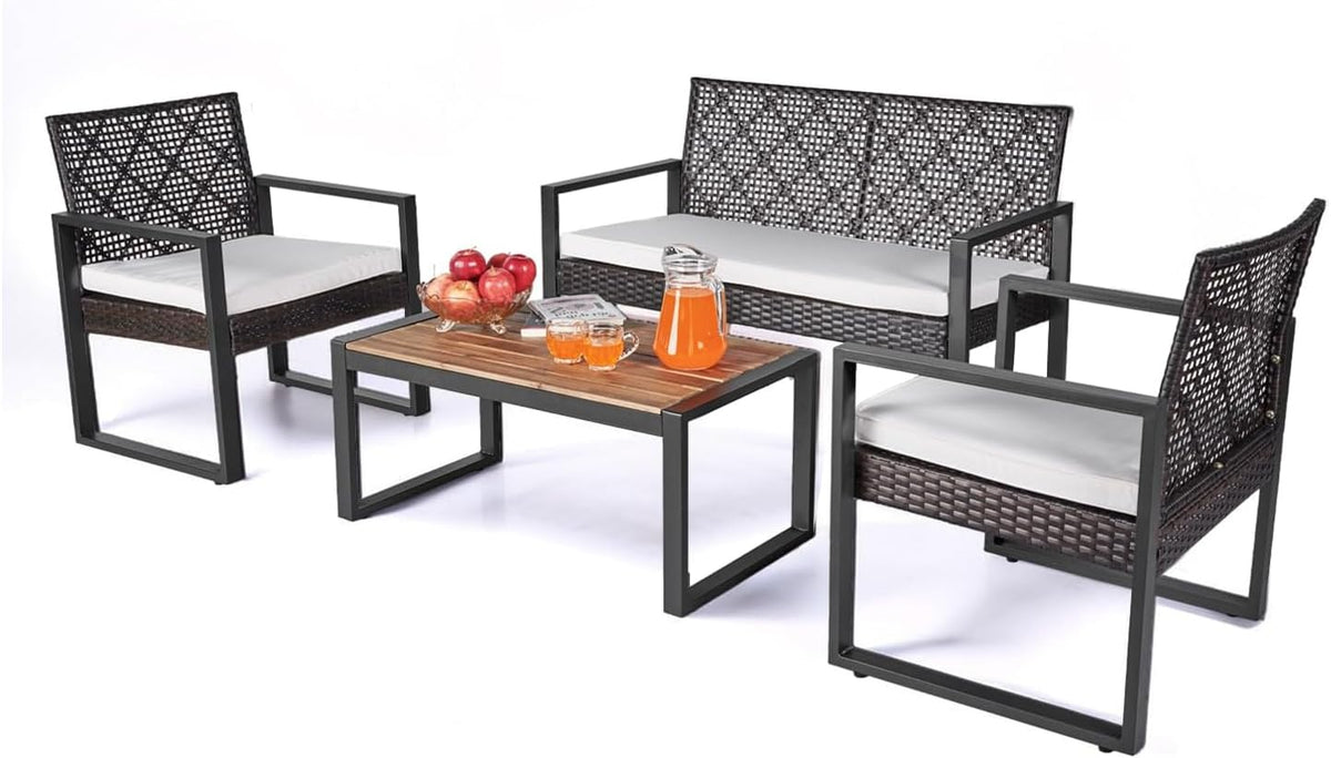 BEEFURNI Wicker Patio Furniture Outdoor Conversation Set of 4, Rattan Outdoor Furniture Set, Acacia Wood Table, 2 Chairs, 1 Loveseat, 2' Cushions, All Weather Set for Patio, Porch, Balcony (Black)