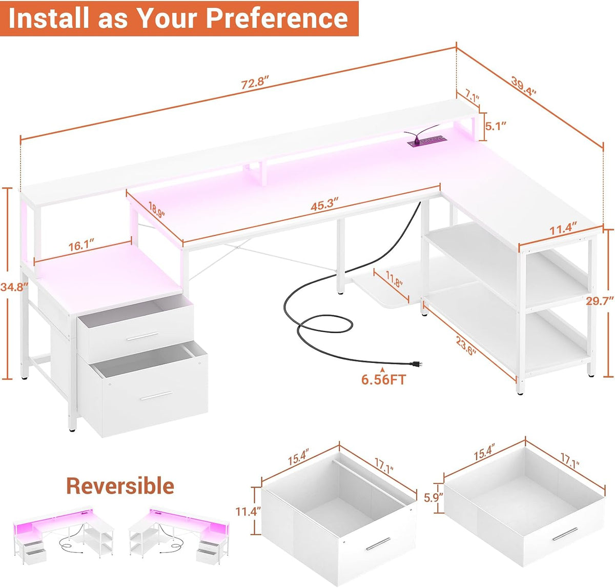 Aheaplus L Shaped Desk with File Drawer, 72.8' Reversible L Shaped Computer Desk with Power Outlet & LED Strip, Gaming Desk with Long Monitor Stand, Office Desk Corner Desk with Storage Shelf, White