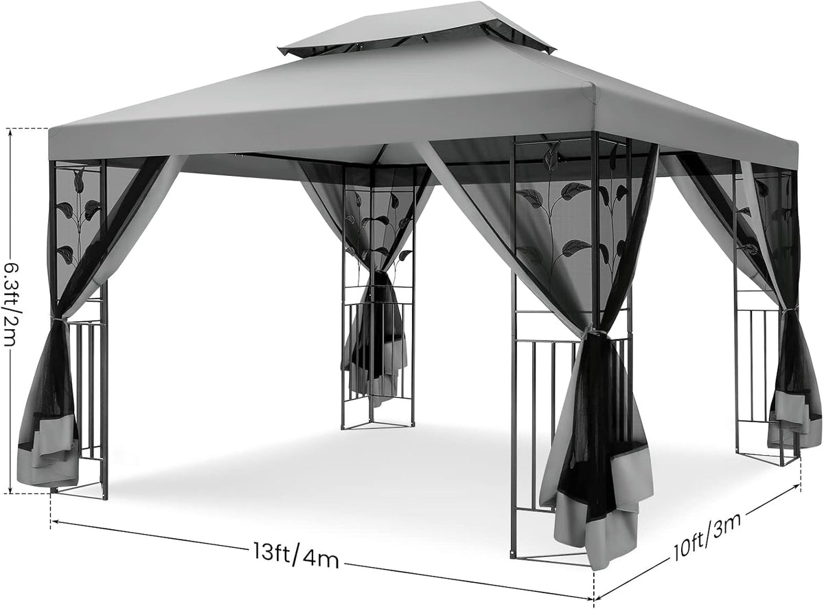 COBIZI Gazebo 10x13 Heavy Duty Gazebo with Improved Nettings Outdoor Double Roof Patio with Metal Steel Frame Outdoor Canopy Tent for Patio, Deck, Backyard (Gray, Nettings)