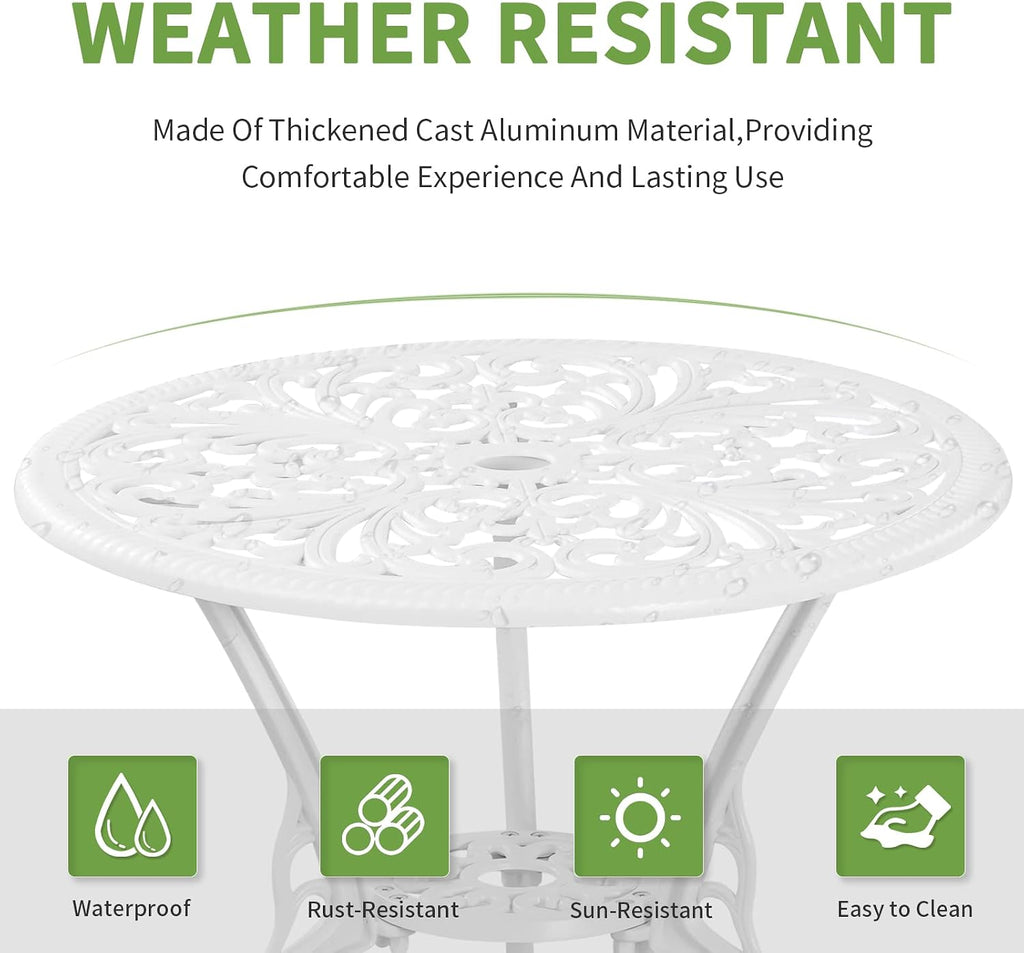 Patio Bistro Sets, Cast Aluminum Bistro Table and Chairs Set of 2 with Umbrella Hole, Bistro Set 3 Piece Outdoor, Metal Patio Furniture Set for Garden Porch, White