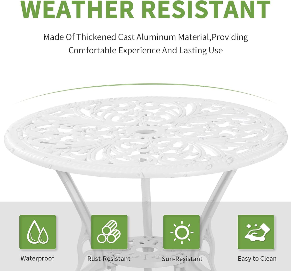 Patio Bistro Sets, Cast Aluminum Bistro Table and Chairs Set of 2 with Umbrella Hole, Bistro Set 3 Piece Outdoor, Metal Patio Furniture Set for Garden Porch, White