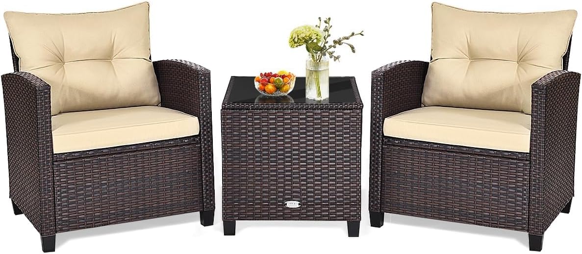 HAPPYGRILL 3 Pieces Patio Conversation Set, Outdoor Furniture Set PE Rattan Sofa Set with Removable Cushions, PE Wicker Chairs with Tempered Glass Side Table for Porch Lawn Garden Balcony Backyard