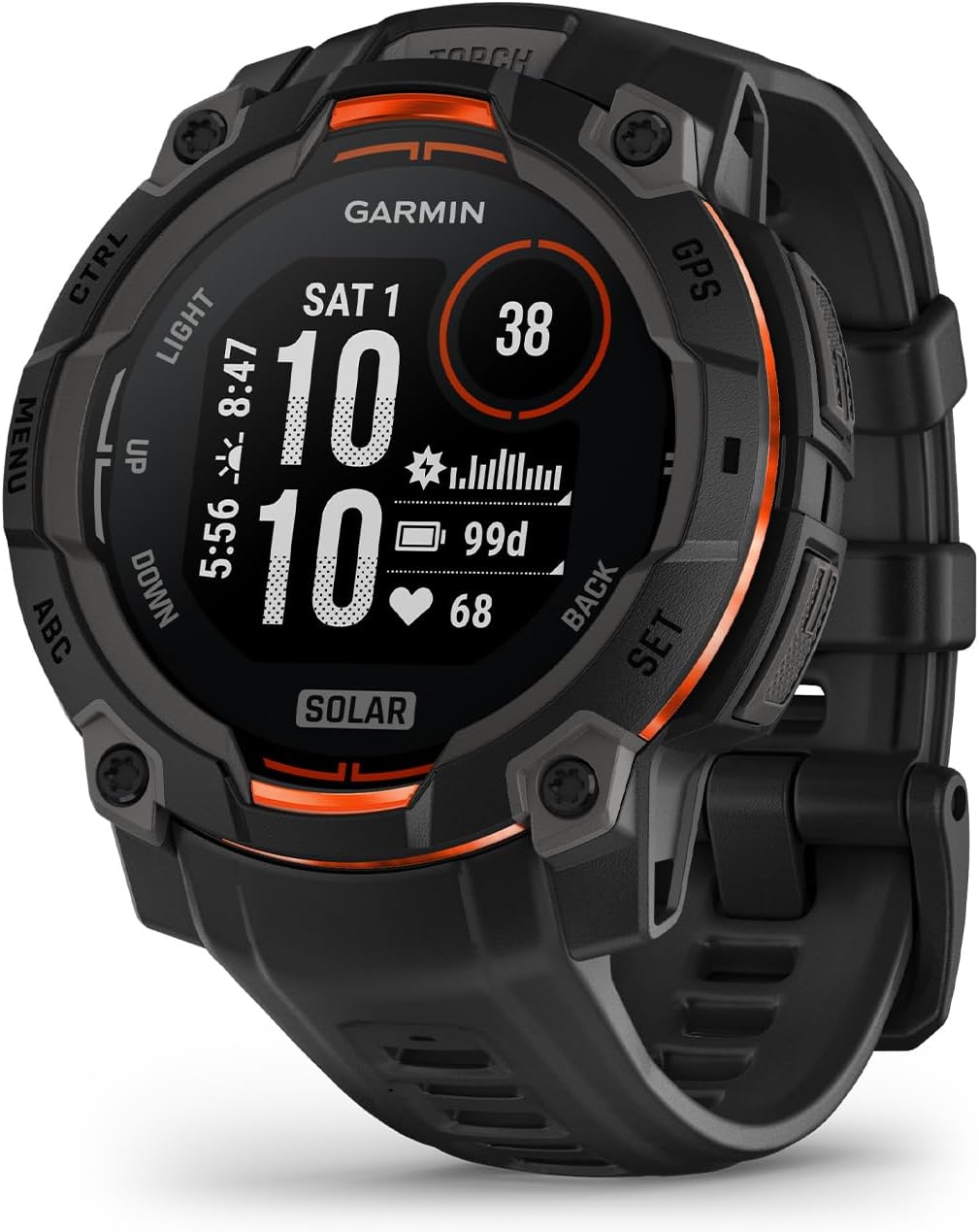 Garmin Instinct® 3 45mm, Solar Charged Display, Rugged Outdoor GPS Smartwatch, Metal-Reinforced Bezel, Built-in Flashlight, Black