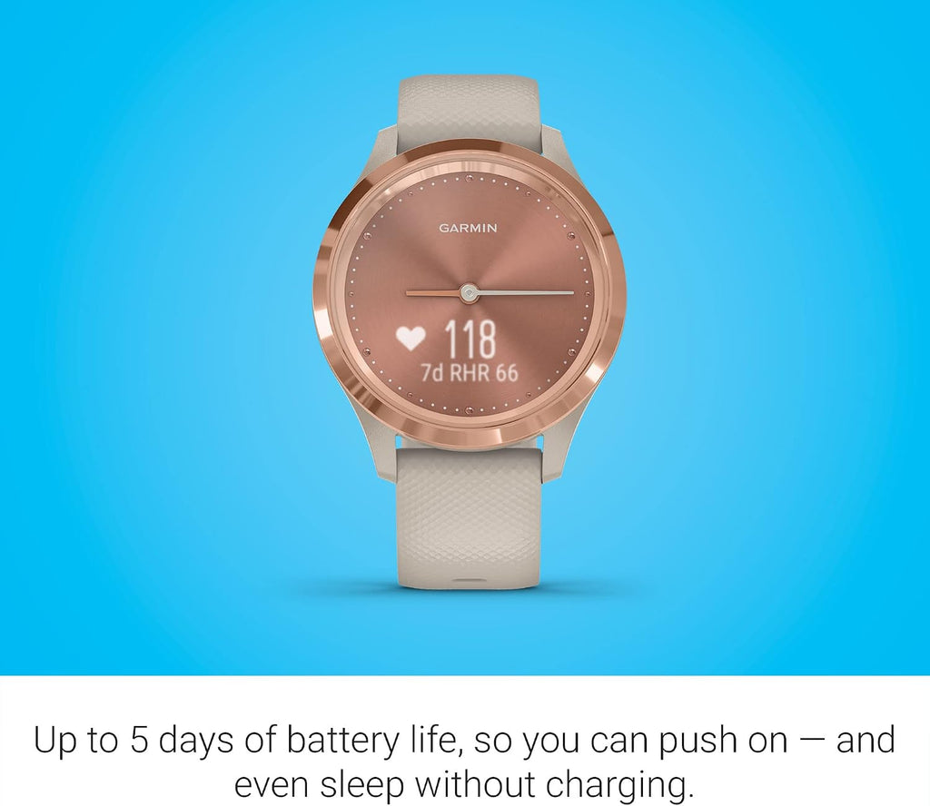 Garmin Hybrid Smartwatch with Real Watch Hands and Hidden Color Touchscreen Displays, Rose Gold with Light Sand case and Band, 39mm, 010-02238-02