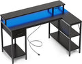 Simple Deluxe 53-inch L-Shaped Gaming Desk with LED Lights & Power Outlets, Reversible Corner Computer Desk with Monitor Riser, Drawer & Shelves, for Home Office, Black