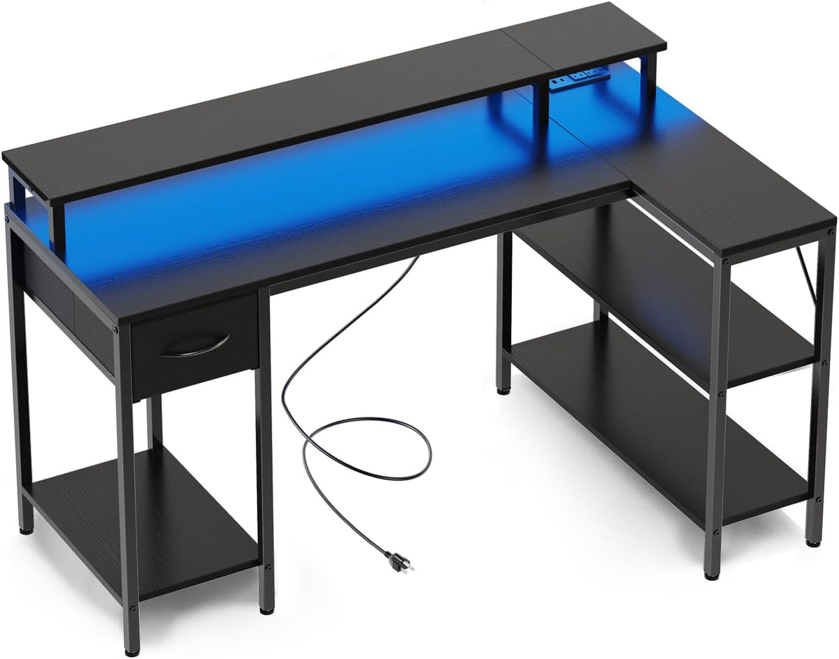 Simple Deluxe 53-inch L-Shaped Gaming Desk with LED Lights & Power Outlets, Reversible Corner Computer Desk with Monitor Riser, Drawer & Shelves, for Home Office, Black
