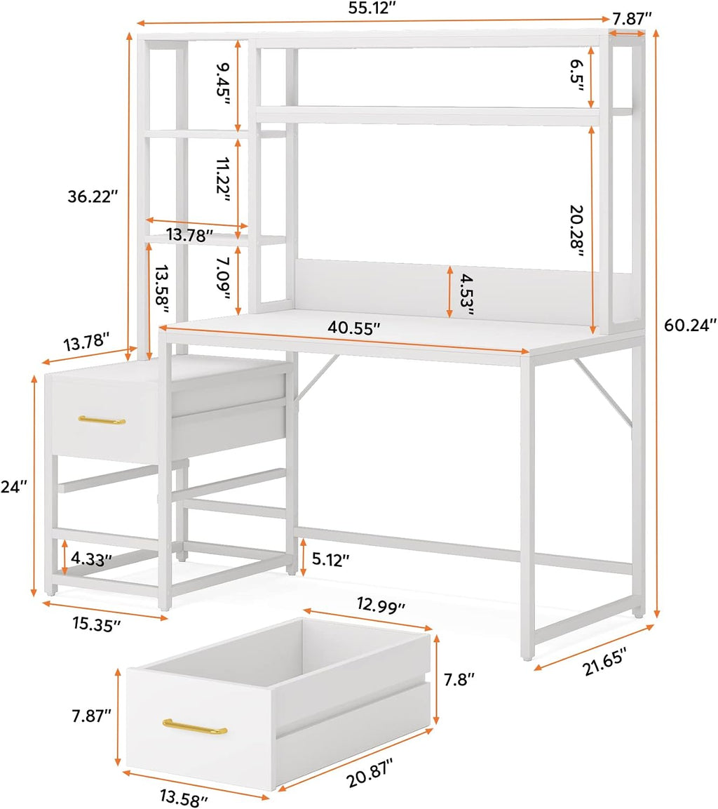 Tribesigns 55 Inch Computer Desk with 2 Drawers and Storage Shelves, Rustic Office Desk with Hutch, Study Writing Gaming Table Laptop Workstation for Home Office (White)